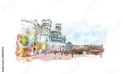 Watercolor splash with hand drawn sketch of Bangalore Palace, India in vector.