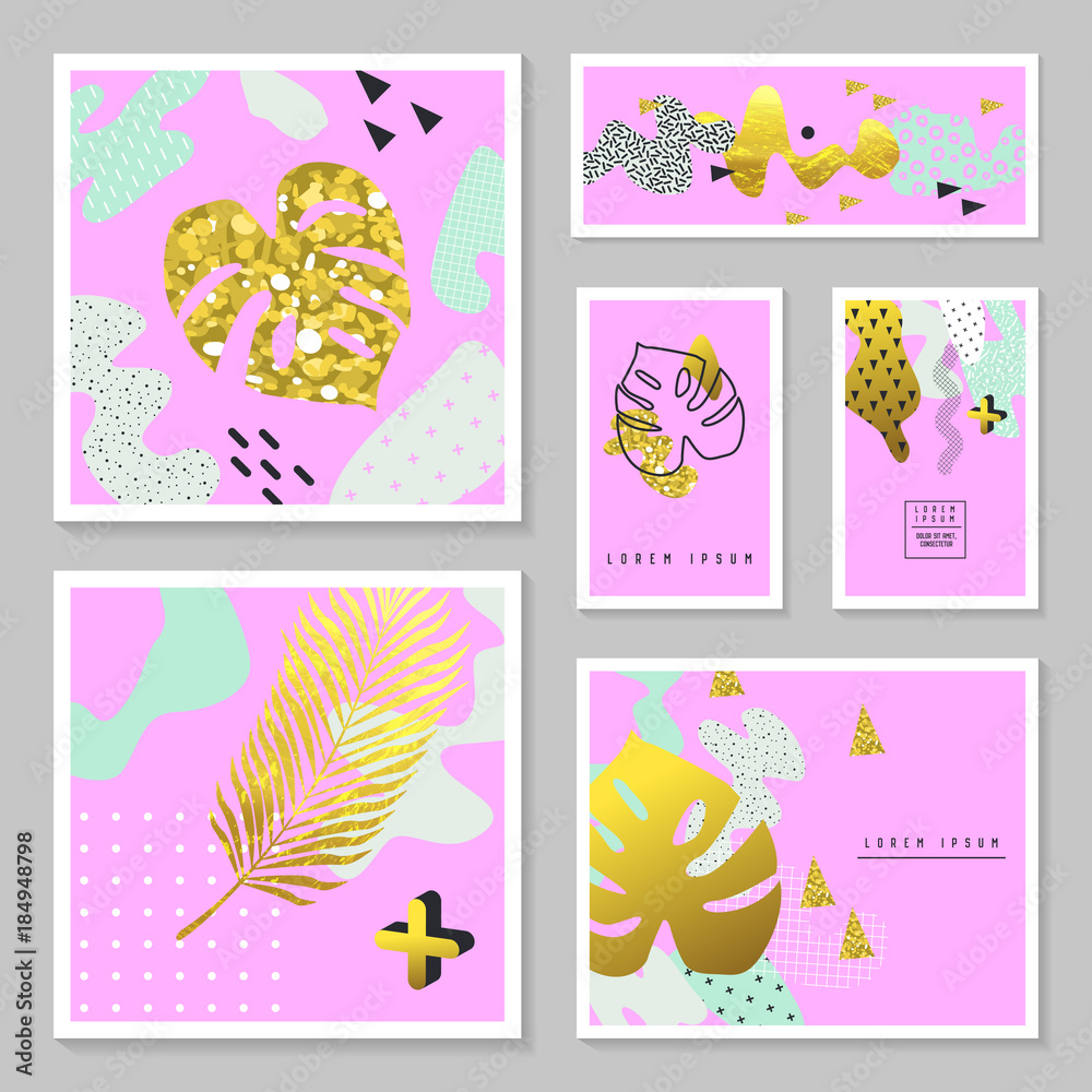 Golden Glitter Tropical Cards Set. Memphis Abstract Poster, Banner, Placard Template with Gold Palm Leaves. Vector illustration