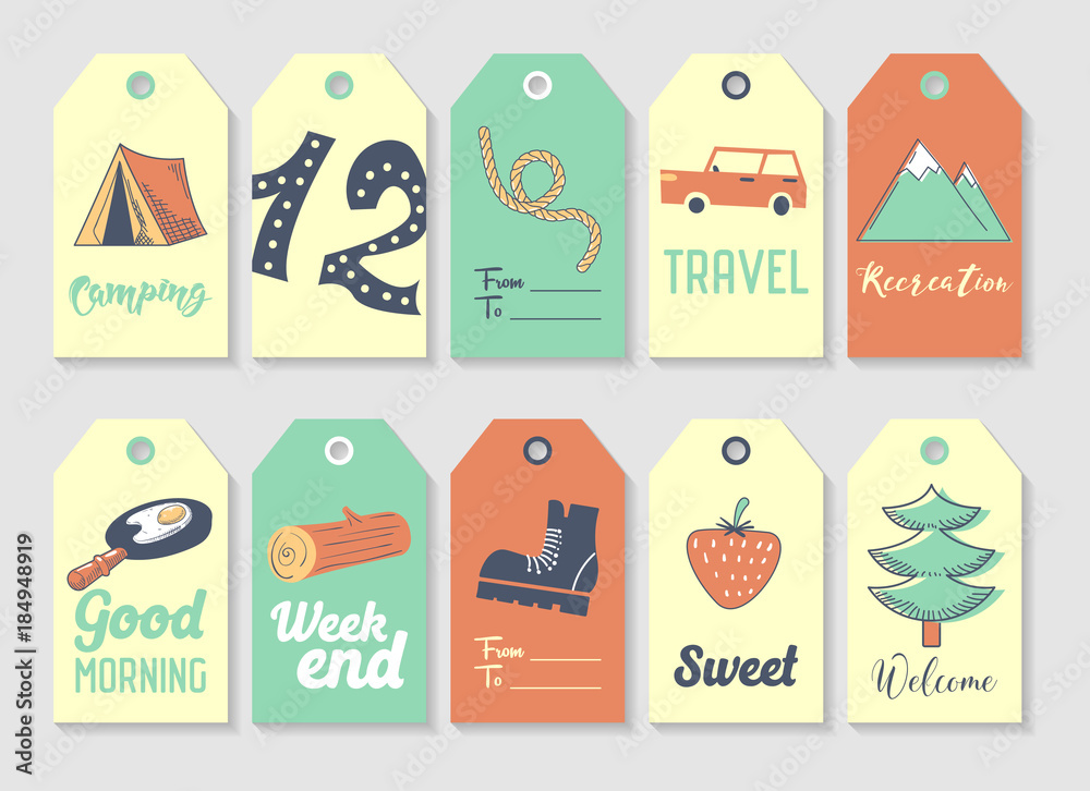 Camping Tags and Labels Freehand Style. Picnic and Travel Childish Doodle for Decoration. Vector illustration