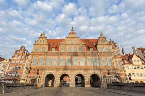 Front view of the historic Green Gate, the formal residence of Poland's monarchs, at the Main Town (Old Town) in Gdansk, Poland, in the morning.