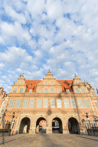 Front view of the historic Green Gate, the formal residence of Poland's monarchs, at the Main Town (Old Town) in Gdansk, Poland, in the morning. Copy space.