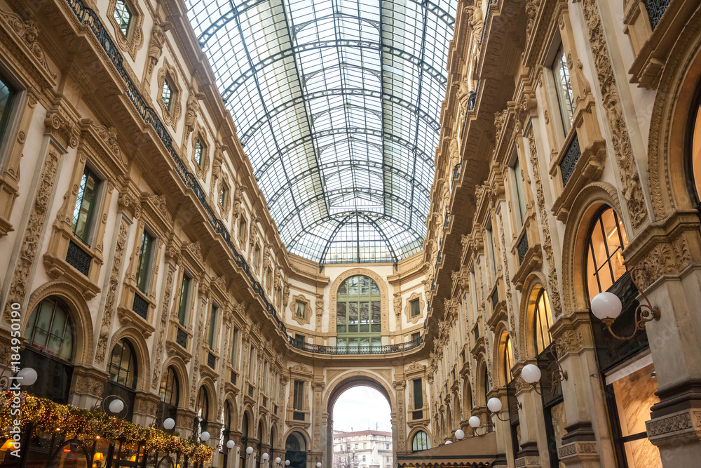 Interer of gallery Vittorio Emanuele II in square of Duomo in Milan,  Italy.