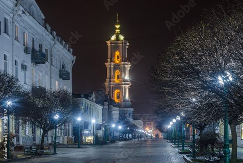 Belfry of the Cathedral with an evening architectural illumination