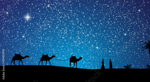 Silhouette of Caravan mit people and camels wandering through th
