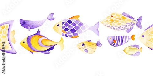 Watercolor different fish pattern. Ultra violet and gold colors. For children design, print or background