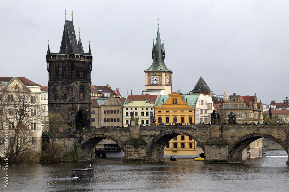 Prague gothic Charles Bridge with the Oldtown, Czech Republic