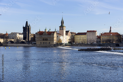 Prague gothic Oldtown above River Vltava in the sunny Day, Czech Republic