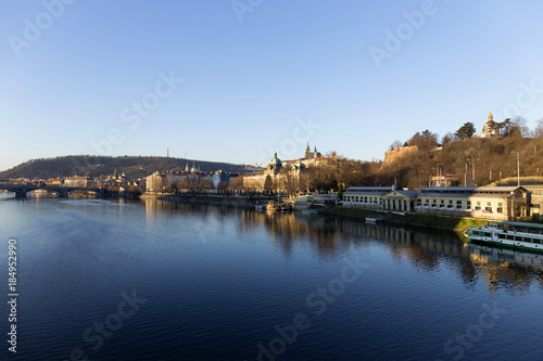 View on the winter Prague gothic Castle above River Vltava in the sunny Day, Czech Republic © Kajano