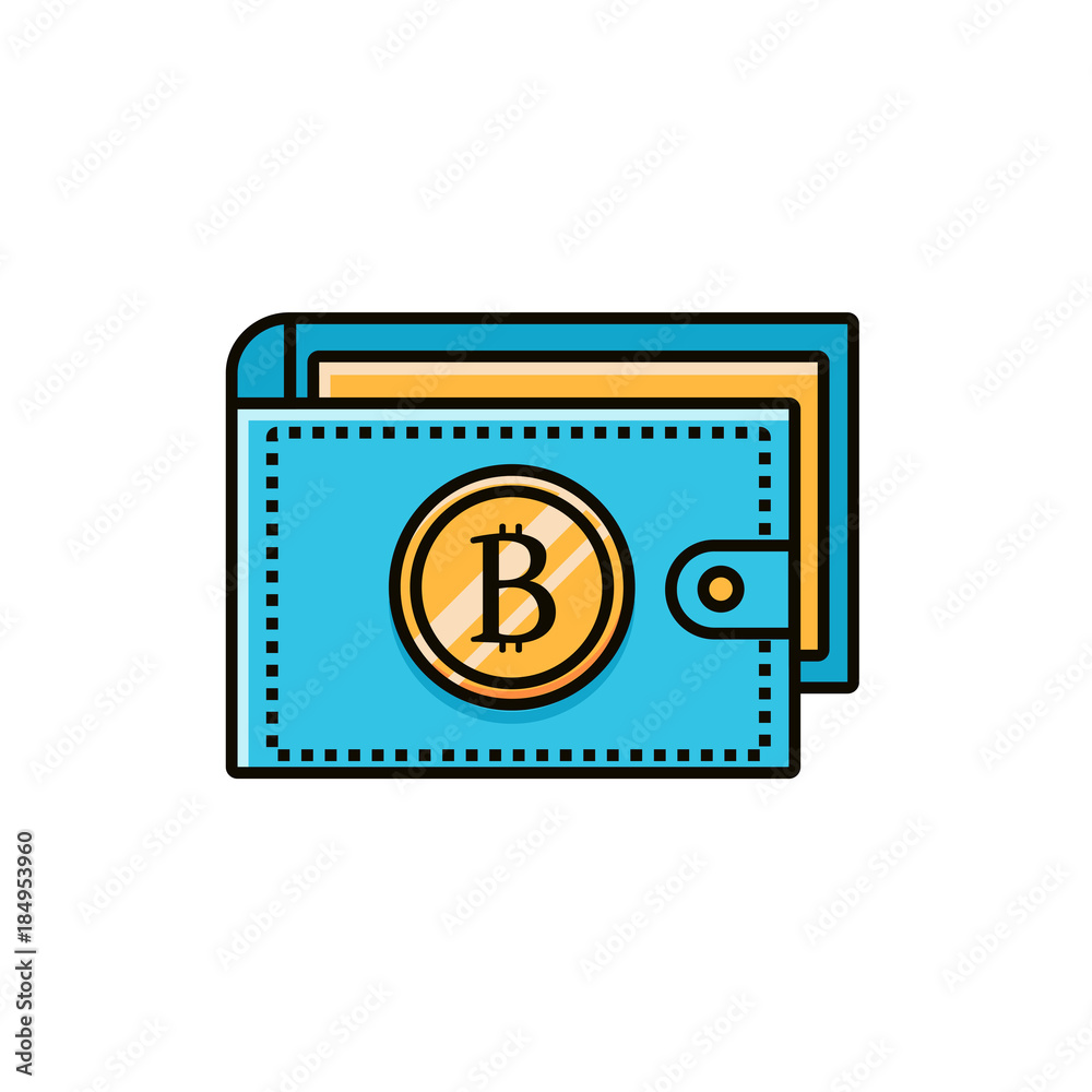 Wallet with bitcoin sign - flat color line icon. Bit coin symbol on a purse. Crypto currency vector illustration on isolated backgound. Digital and virtual money template, pictogram, image. Wallet with bitcoin sign - flat color line icon. Bit coin symbol on a purse. Crypto currency vector illustration on isolated backgound. Digital and virtual money template, pictogram, image.
