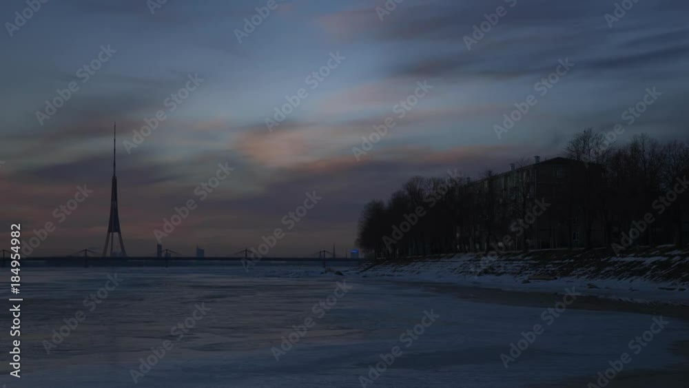 Riga TV tower timelapse from dusk to night Riga TV tower timelapse from dusk to night