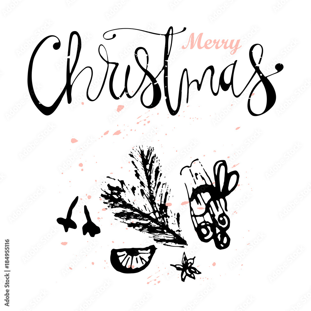 Merry Christmas Hand Drawn abstract universal background with hand lettering and sketched doodle of different xmas spices, kitchen herbs, citrus and xmas pine branches. Holiday vector illustration Merry Christmas Hand Drawn abstract universal background with hand lettering and sketched doodle of different xmas spices, kitchen herbs, citrus and xmas pine branches. Holiday vector illustration