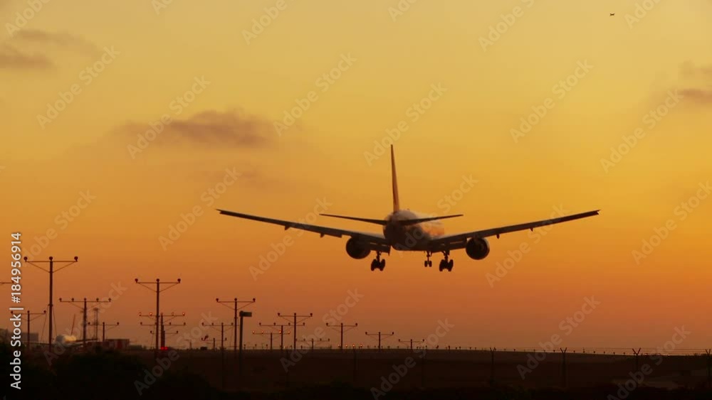 large plane landing at sunset