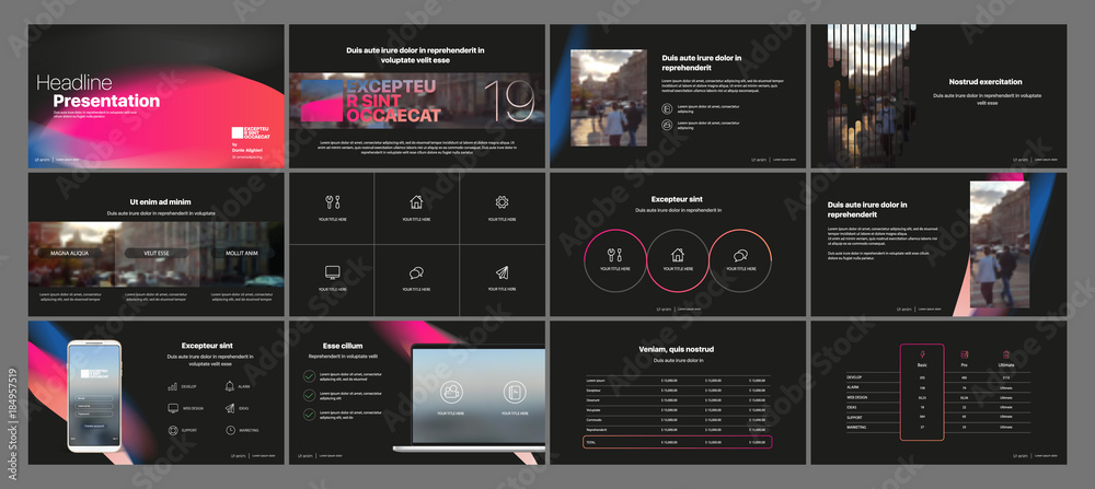 Minimal presentation templates elements on a black background. Vector infographics. Use in Presentation, flyer and leaflet, corporate report, marketing, advertising, annual report, banner.