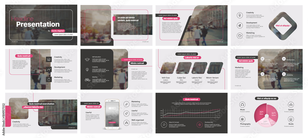 Pink black minimal presentation templates elements on a white background. Vector infographics. Use in Presentation, flyer and leaflet, corporate report, marketing, advertising, annual report, banner. - obrazy, fototapety, plakaty 