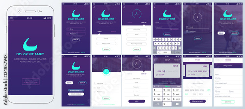 Design Mobile App login. UI, UX and GUI layout. Set of user registration screens, account sign in, sign up . Screen with the input of bank card data for mobile apps and Responsive Website.