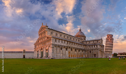 PIZA, ITALY - 10 MARCH, 2016: View of Leaning tower and the Basilica, Piazza dei miracoli, Pisa, Italy