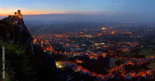 Lights in the mountains of the Republic of San Marino, night landscape