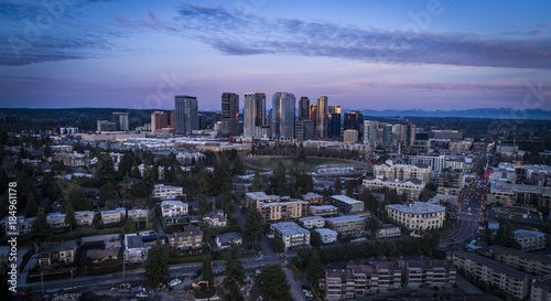 Bellevue Washington Downtown Skyscrapers Purple Glow Evening Light