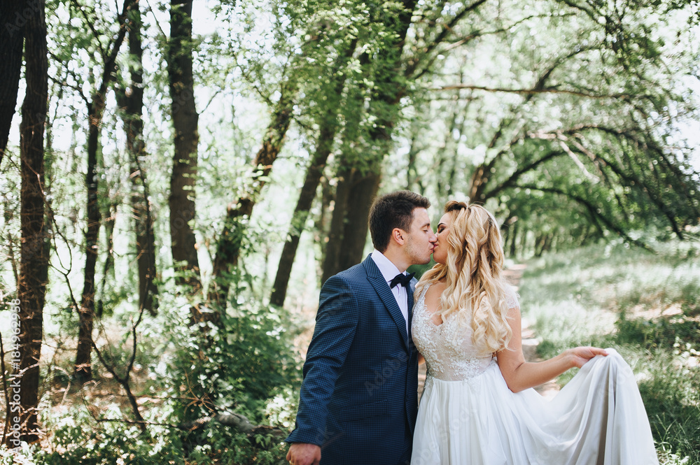 A beautiful blonde bride is kissing her groom. Wedding walk in nature.