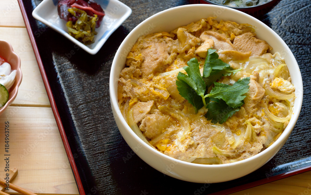 a bowl of chicken and egg rice bowl  (oyakodon)