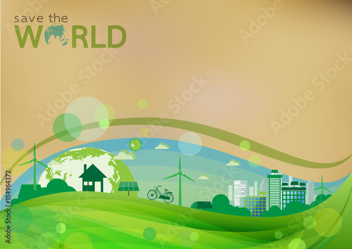 Green Eco concept background.Eco life in green city with save the world concept design.Vector illustration.