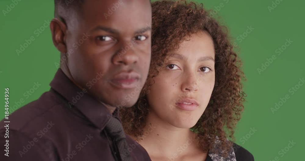 Two African American professionals pose for a portrait on green screen. On green screen to be keyed or composited. Two African American professionals pose for a portrait on green screen. On green screen to be keyed or composited.