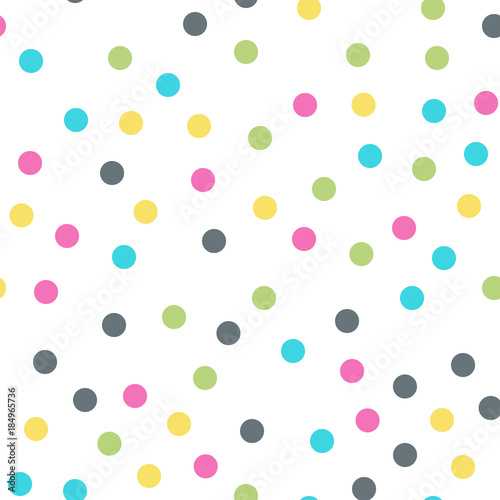 Colorful polka dots seamless pattern on white 10 background. Unusual classic colorful polka dots textile pattern. Seamless scattered confetti fall chaotic decor. Abstract vector illustration.