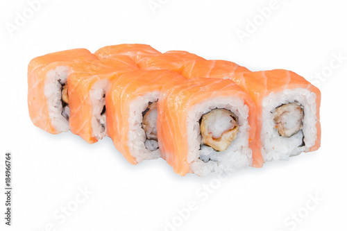 A delicious set of sushi on a white background.