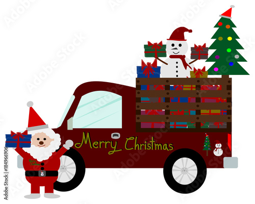 Merry Christmas, Santa Claus, snowman Christmas tree and gifts, Vector