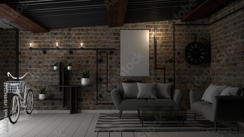 Loft living room interior design. 3D renderin
