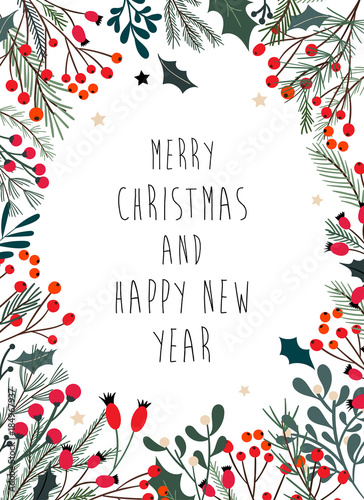 
Christmas frame with decorative branches, mistletoe and berries