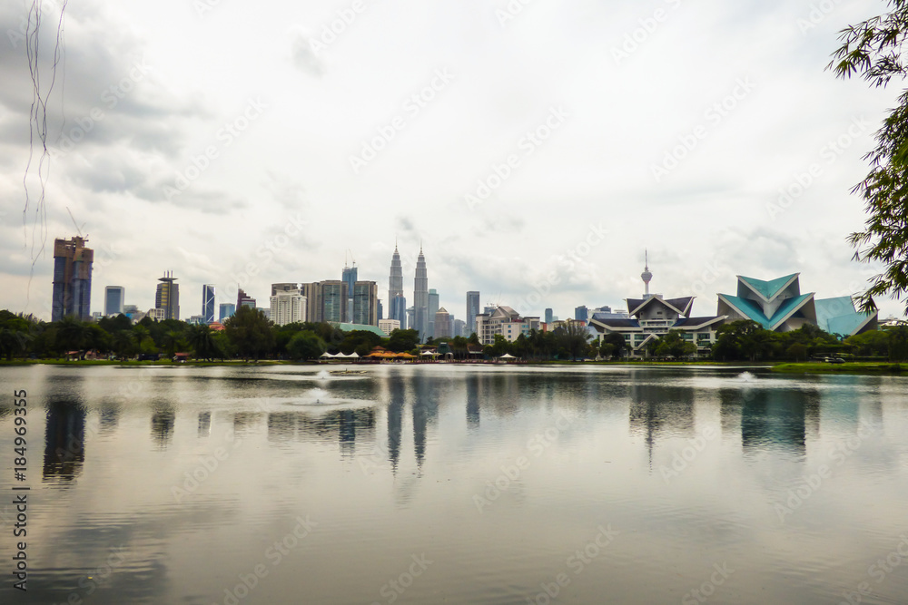 A view of Taman Tasik Titiwangsa (Titiwangsa Lake Gardens) with Kuala Lumpur's skyline in the background - Malaysia