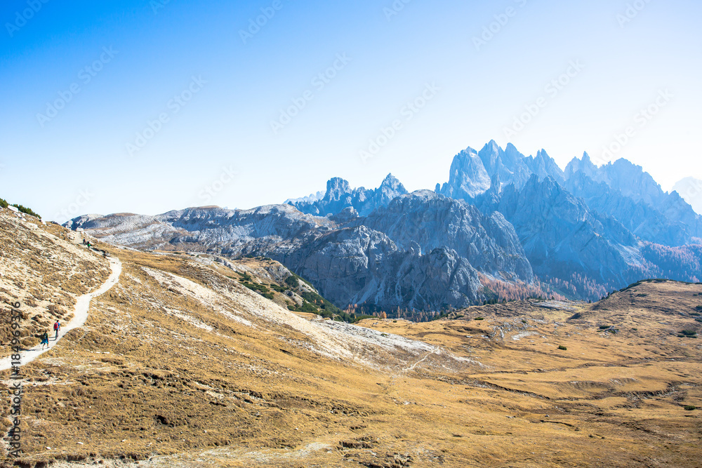 The Cadini di Misurina is a mountain group, made of spiky limestone towers and its name refers to the Lake Misurina located below. This view is from nearby the famous Tre Cime di Lavaredo.