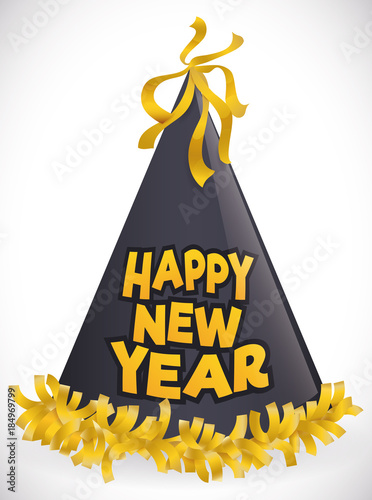 Festive Black Hat with Golden Ornaments for New Year Party, Vector Illustration