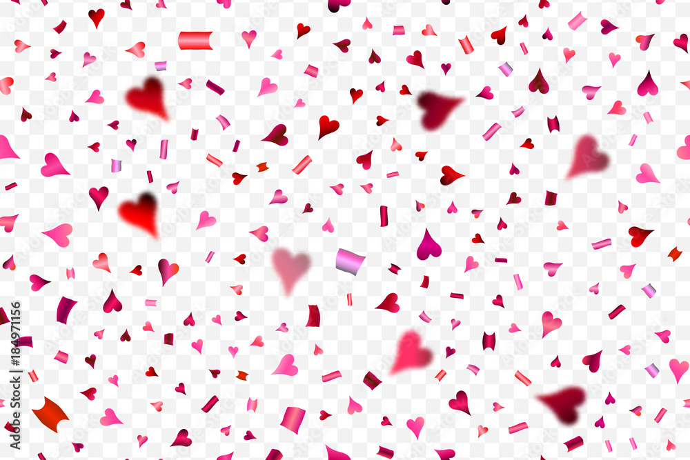 Falling confetti with hearts isolated on transparent background.