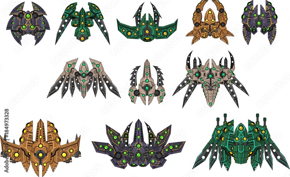 A set contains various alien space ships for 2d top down space shooter