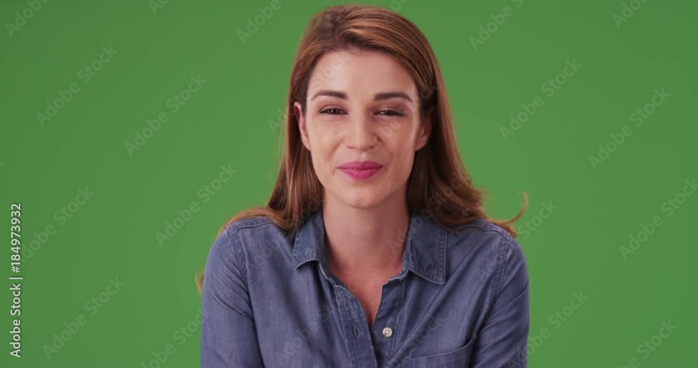 POV, Happy young woman video chatting with family at home on green screen. On green screen to be keyed or composited. 