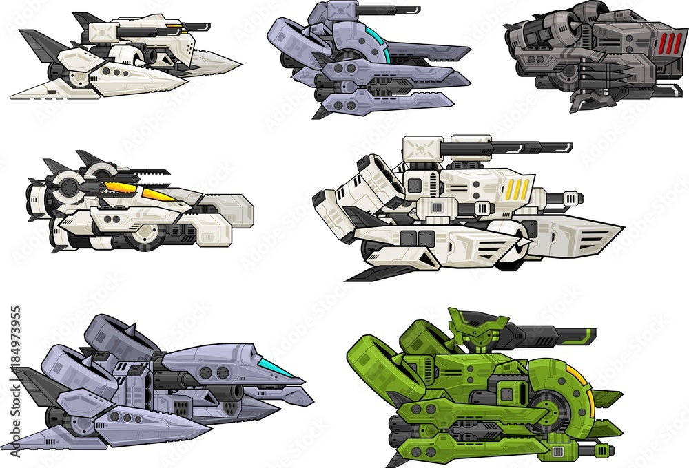 A set of various space ship for creating 2d side scrolling space shooter video games - obrazy, fototapety, plakaty 