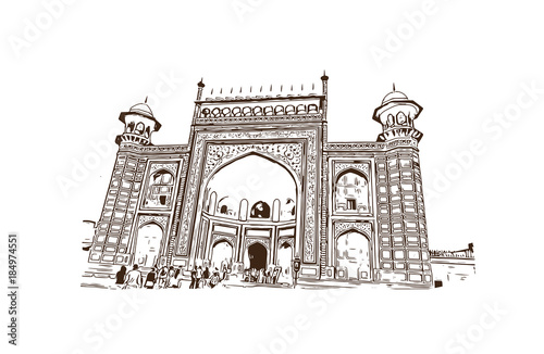 Hand drawn sketch of Taj Mahal, Agra, India in vector illustration.