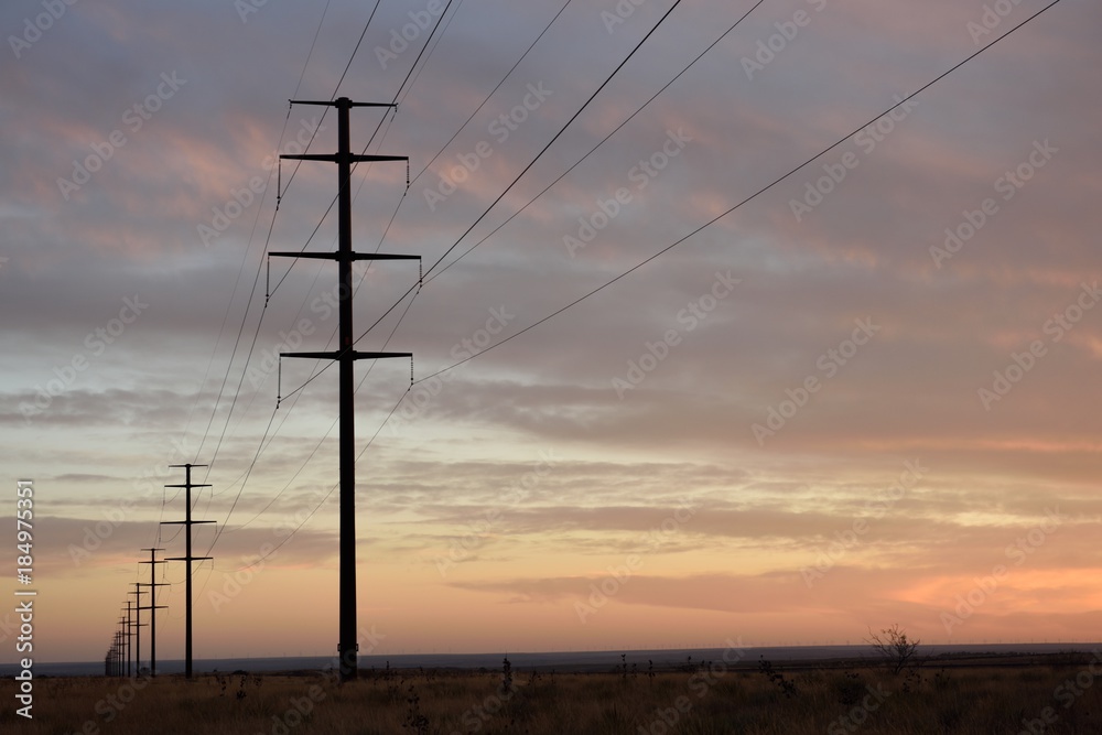 Long row of electricity pylons and power lines fading into the distant horizon at sunset in a rural setting