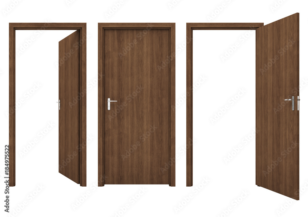 Naklejka premium Open wooden door isolated on a white background