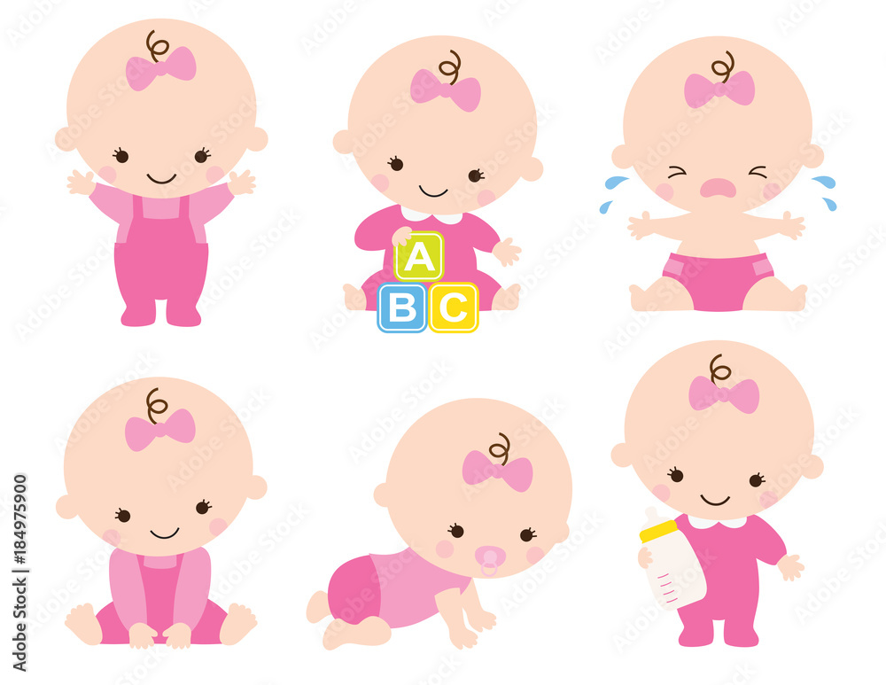 Cute baby or toddler girl vector illustration in various poses such as standing, sitting, crying, playing, crawling.
