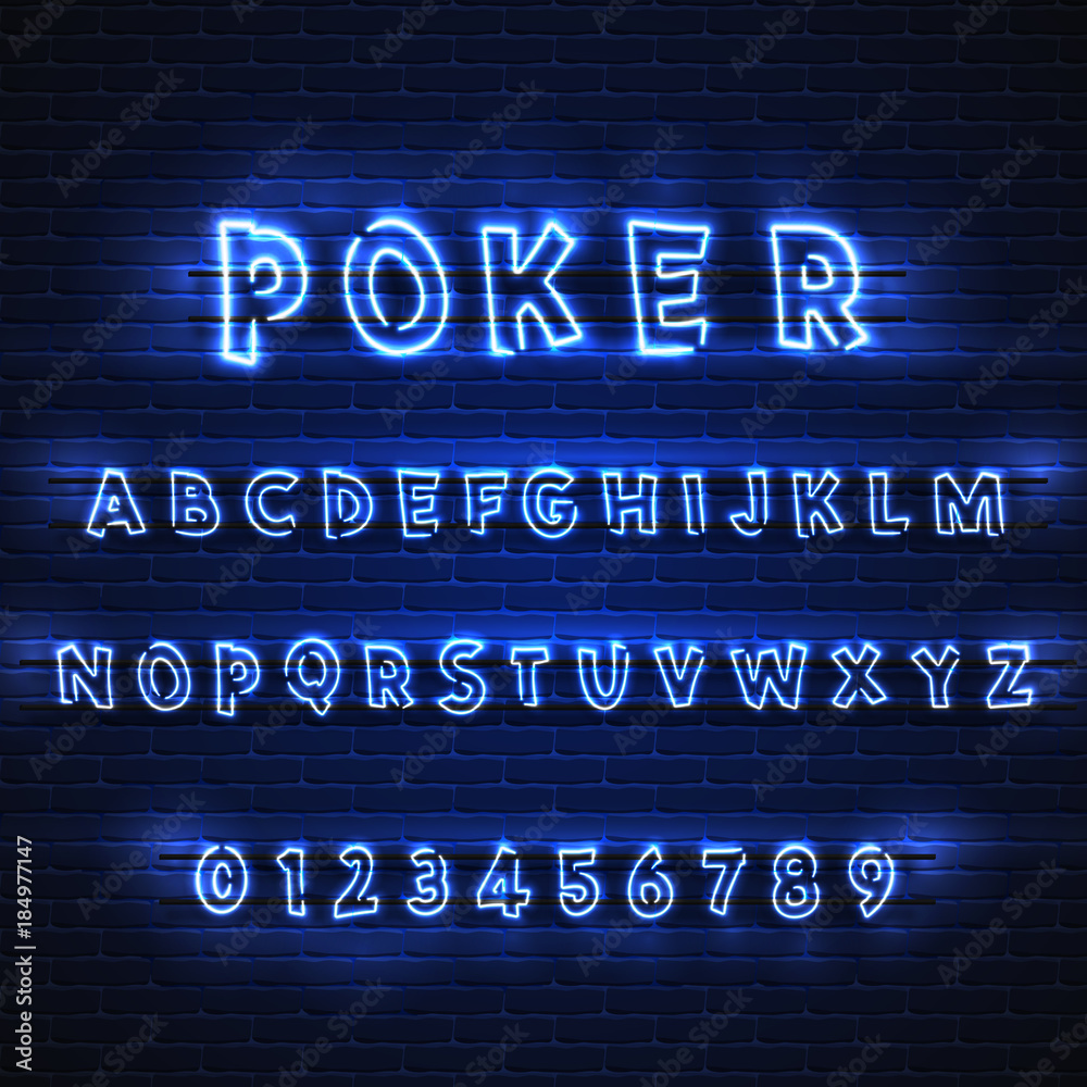 Latin neon font Poker. Glowing alphabet, electric stand, against a brick wall background, calligraphic Abc.. Latin neon font Poker. Glowing alphabet, electric stand, against a brick wall background, calligraphic Abc..