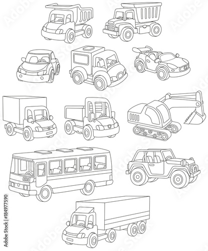 Black and white vector set of toy cars  trucks and buses