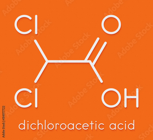 Dichloroacetic acid (DCA). Dichloroacetate salts inhibit the enzyme pyruvate dehydrogenase kinase and are evaluated in the treatment of cancer. Skeletal formula. photo