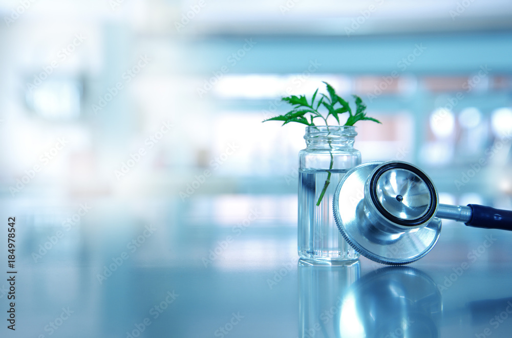 stethoscope for medical doctor diagnosis with vial glass and green leave  plant in blue light background Stock Photo | Adobe Stock