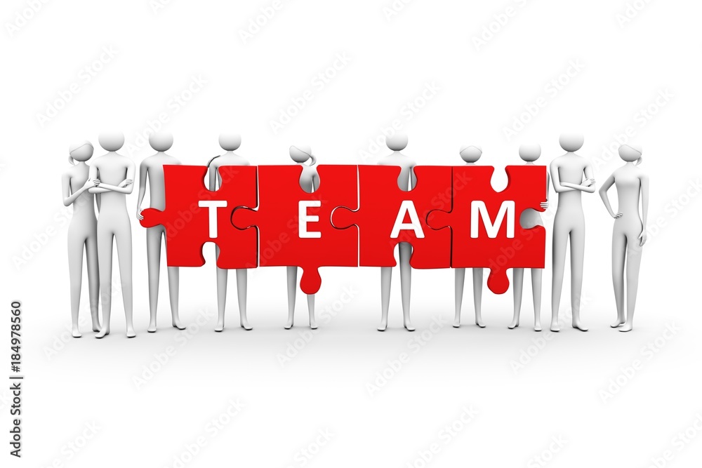 Humans team puzzle conceptual white background 3d illustration