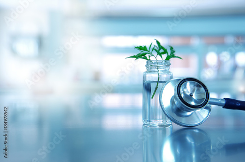 stethoscope for medical doctor diagnosis with vial glass and green leave plant in blue light background