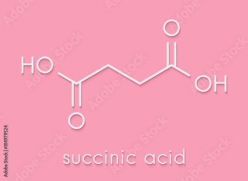 Succinic acid (butanedioic acid, spirit of amber) molecule. Intermediate of citric acid cycle. Salts and esters known as succinates. Skeletal formula. photo