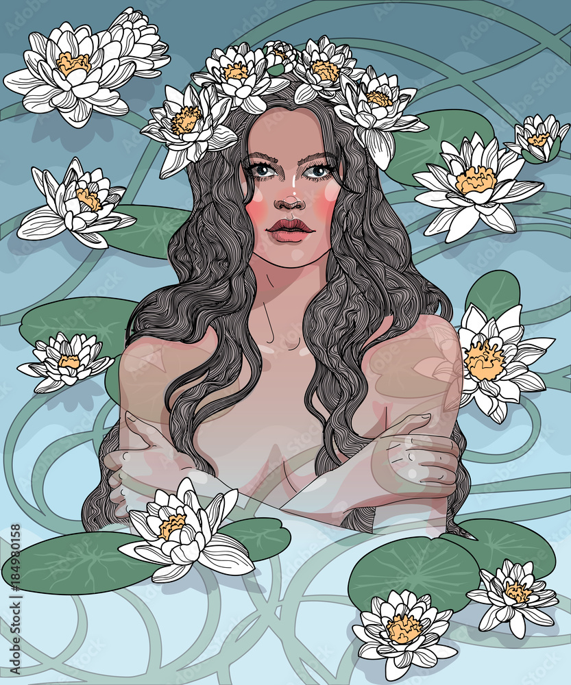 Φωτογραφία vector beauty girl mermaid goddess and nymph in the water full of water lilies